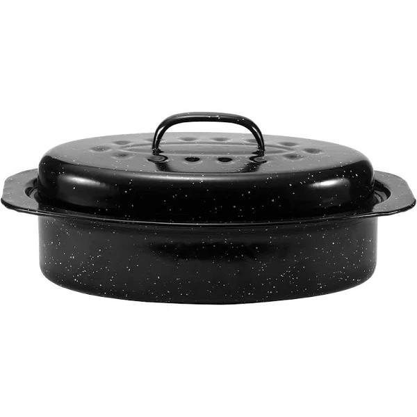 JY COOKMENT Granite Roaster Pan, Small 13” Enameled Roasting Pan With Domed Lid. Oval Turkey Roaster Pot, Broiler Pan Great For Small Chicken, Lamb.