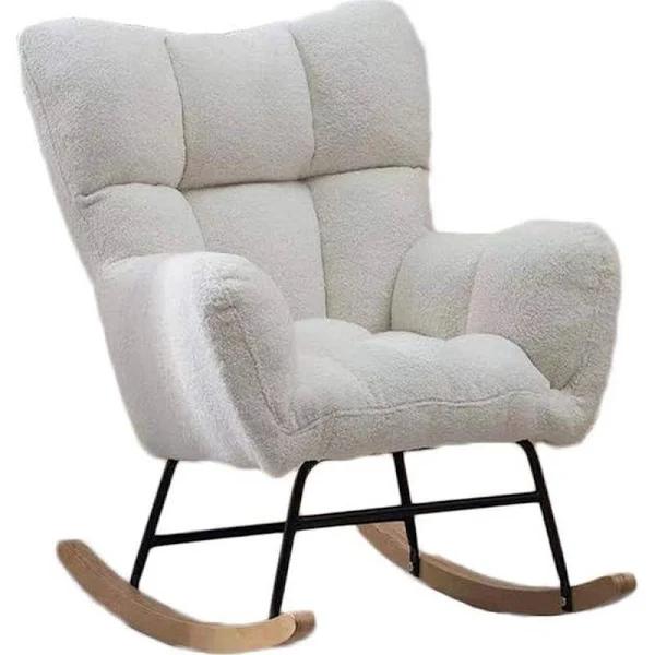 Catzons Rocking Chair with High Backrest Sherpa Padded for Nursery Bedroom-White