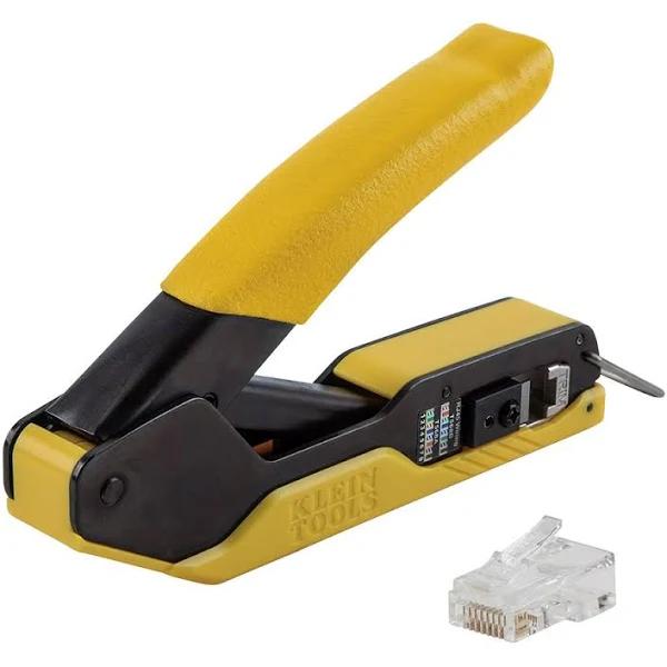 Klein Tools 80017 Data Cable Crimper and Modular Data Plug Cat6 50-Pack Tool Kit, Pass-Thru Installation Tool Kit, 2-piece