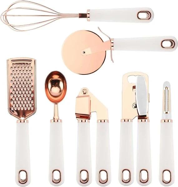 7 PC Kitchen Gadget Set Copper Coated Stainless Steel Utensils with Soft Touch White Handles