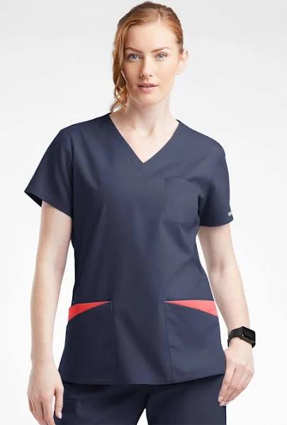 Butter-Soft Originals Women's 7-Pocket Curved V-Neck Scrub Top in Navy/Radiant Red | Size 5X Polyester/cotton