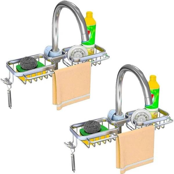 SOGA 2x Silver Kitchen Sink Organiser Faucet Soap Sponge Caddy Rack Drainer with Towel Bar Holder - AfterPay & zipPay Available