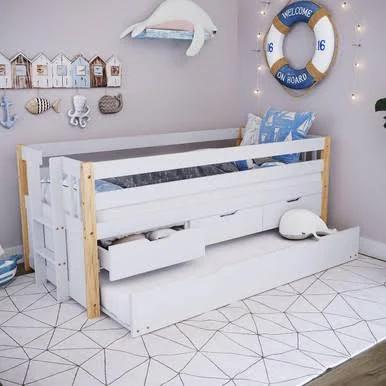 Kiki Solid Pine Bed with Junior Mattress - White and Natural