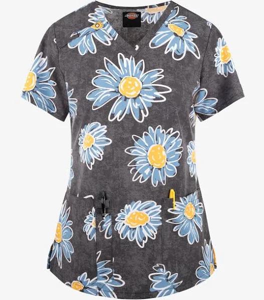 Dickies Sunflower Doodle Women's 2-Pocket Stretch V-Neck Print Scrub Top | Size 4x Polyester/recyc Polyester/spandex