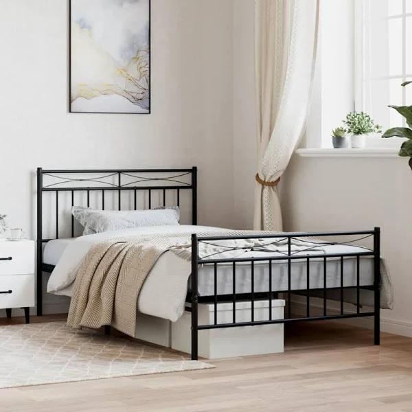 Metal Bed Frame With Headboard and Footboard Black 107x203 cm