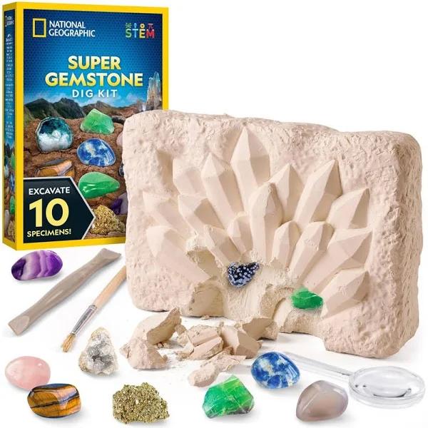 National Geographic Super Gemstone Dig Kit - Excavation Gem Kit With 10 Real Gemstones For Kids, Discover Gems With Dig Tools & Magnifying Glass,