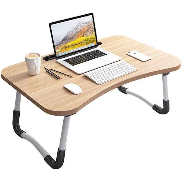 SOGA Walnut Portable Bed Table Adjustable Foldable Bed Sofa Study Table Laptop Mini Desk With Notebook Stand Card Slot Holder Home Decor