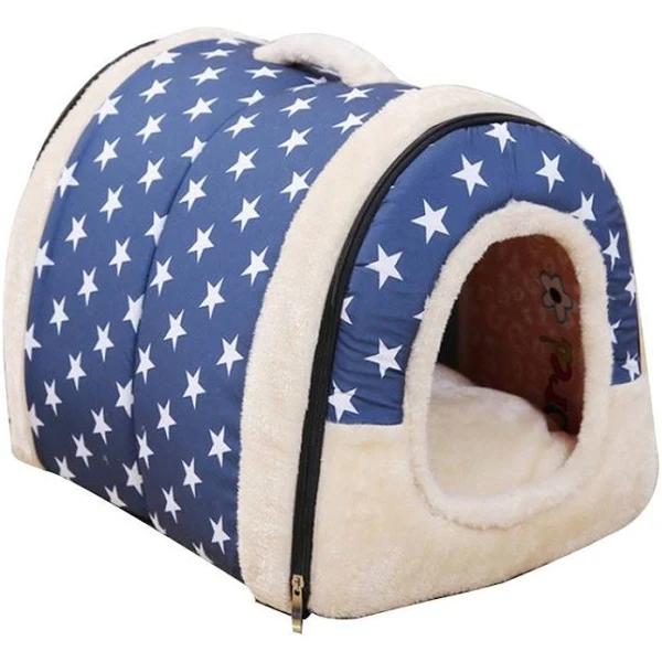 Dog Bed Foldable Pet Cat House Kennel Medium Size Blue Star Pattern