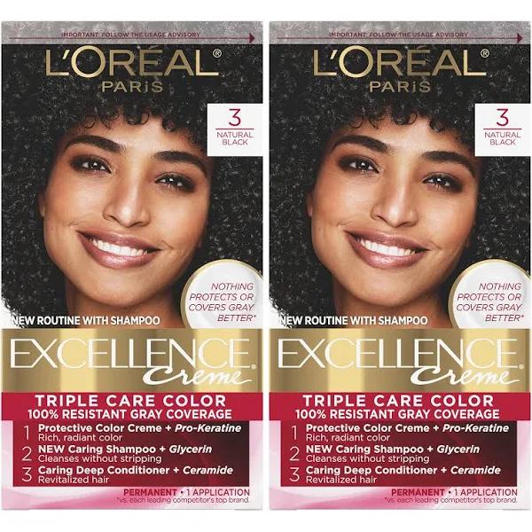 L'Oreal Paris Excellence Creme Permanent Hair Color, 3 Natural Black, 100% Gray Coverage Hair Dye, Pack of 2