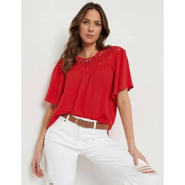 Katies Elbow Sleeve Lace Yoke Top - Size 16 - Womens - Red