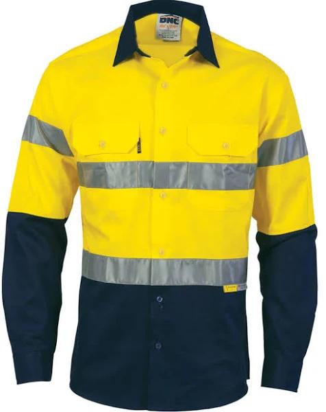 DNC Hi Vis Cool-Breeze Cotton Shirt with 3M 8910 R/Tape - Long Sleeve (3886) M / Yellow/Navy