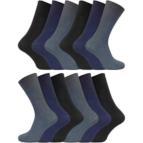 12 Pair Multipack Mens 100% Cotton Diabetic Friendly Socks | Sock Snob | Ribbed Non Elastic Loose Wide Top Socks - TSFD02 Size Large - AfterPay &