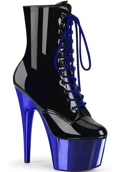 Pleaser FLAMINGO-1020 Black Patent/Royal Blue Chrome Ankle Boot Size 7