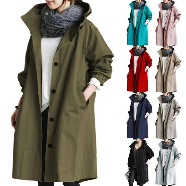 Womens Plus Size Hooded Trench Coat Ladies Outdoor Wind Raincoat