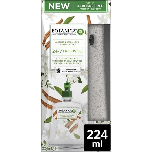 Botanica Automatic Spray Air Freshener Starter Kit, Jasmine & Sri Lankan Cinnamon Leaf, 224ml