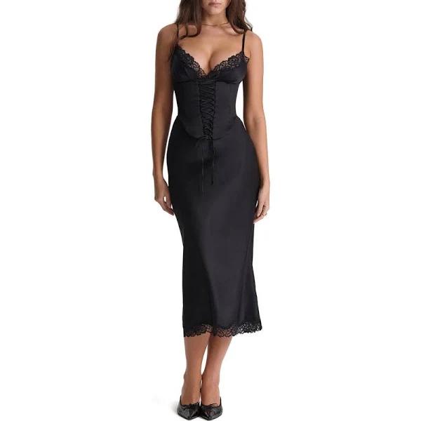 House of CB Salma Satin Slip Dress in Black S