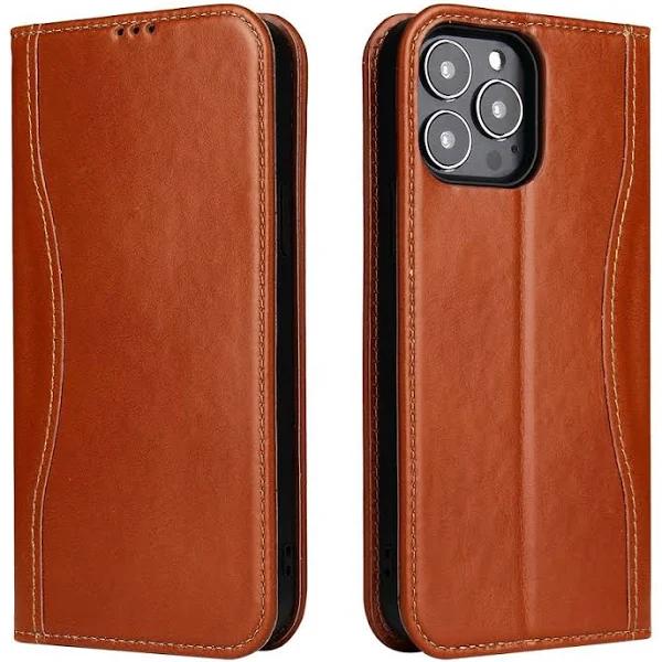 For iPhone 15 Pro Max Case Fierre Shann Genuine Leather Wallet Cover Brown