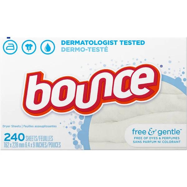 Bounce Dryer Sheets Laundry Fabric Softener, Free & Gentle, White 240 count