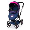 Xeo Compact Doll Pram - Dark Blue With Pink Heart Print