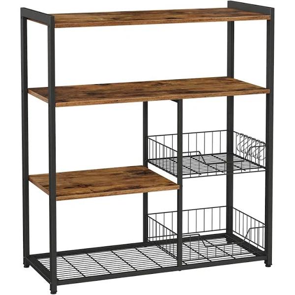 VASAGLE Baker’s Rack Kitchen Island with 2 Metal Mesh Baskets Shelves and Hooks Industrial Style Rustic Brown KKS96X