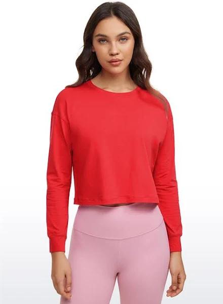 CRZ Yoga Women's Yoga Loose Fit Tops Pima Cotton Cropped Long Sleeve Deep Red / XS