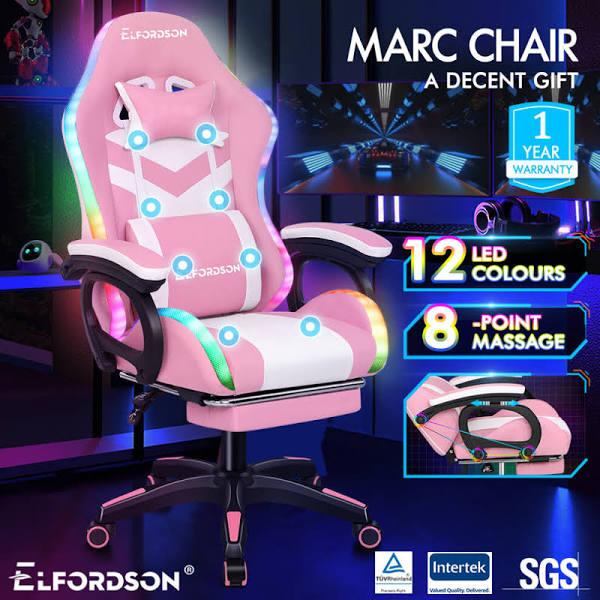 ALFORDSON Gaming Chair with 8-Point Massage 12 RGB LED Pink & White