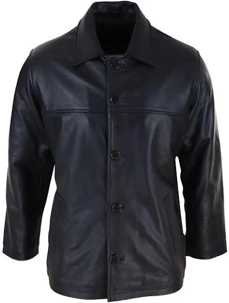 Infinity Leather Men's Casual Real Leather Jacket Button Box Mid Length Classic Coat Black