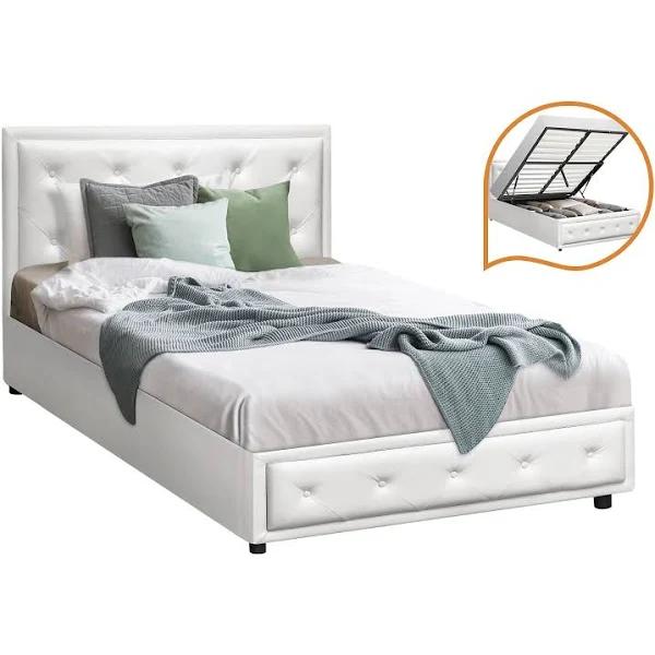 Oikiture Bed Frame King Single Size Gas Lift Base with Storage White Leather