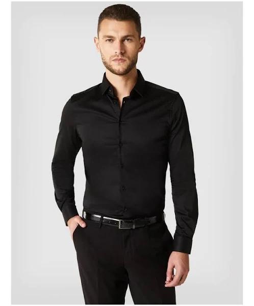 Politix Slim Sateen Long Sleeve Shirt in Black XXL