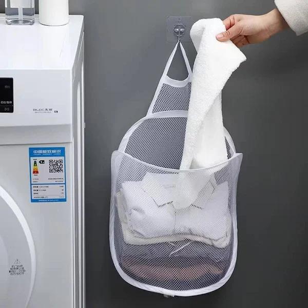 Hanging Laundry Hamper Mesh Laundry Basket Foldable Hamper Collapsible Dirty Clothes Hamper Wall Mounted Storage Bag