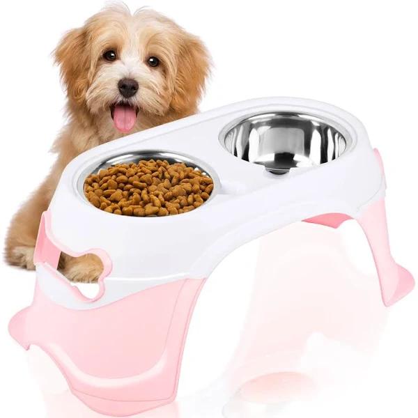 truepal Dual Elevated Raised Pet Dog Puppy Feeder Bowl Stainless Steel Food Water Stand (Pink)