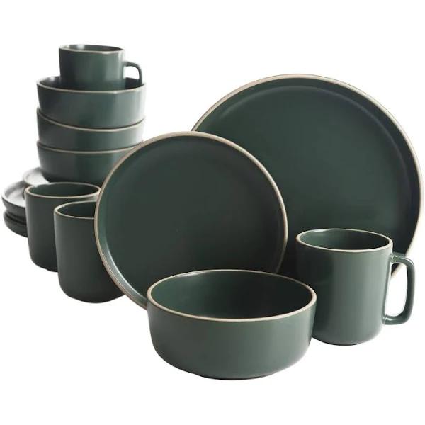 Gibson Home Zuma 16 Piece Round Kitchen Dinnerware Set, Dishes, Plates, Bowls, Mugs, Service For 4, Matte Stoneware, Green