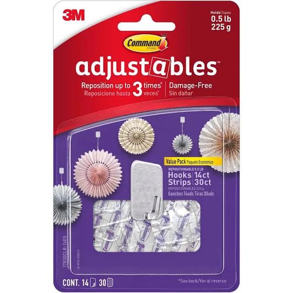 Command Adjustables Adhesive Small Repositionable Wall Hooks Clear - 14 Pack