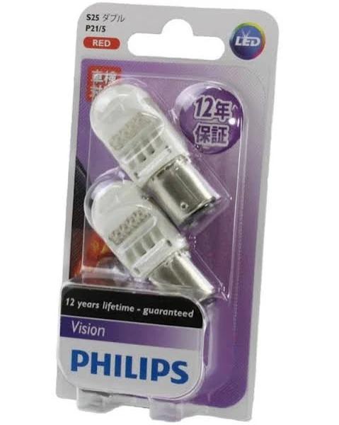 Genuine Philips Vision Red LED Rear Stop Light Bayonet Bulbs 12V P21/5 S25 Pair