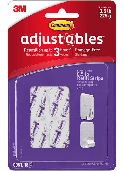 Command Adjustables Adhesive Repositionable Refill Strips Clear - 18 Pack