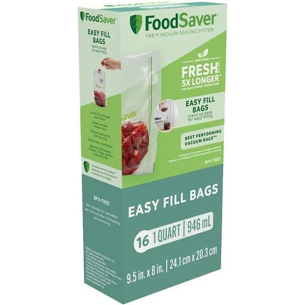 FoodSaver Easy Fill Vacuum Sealer Bags 946ml | Reusable, Commercial Grade Material, 16 Pack, Clear 2159379