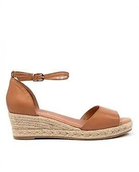 David Jones Midas Skippy Dark Leather Flat Sandals in Tan, Size 40 EU