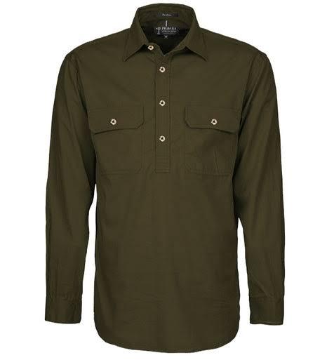 Pilbara Mens Closed Front Long Sleeve Shirt, S / Olive