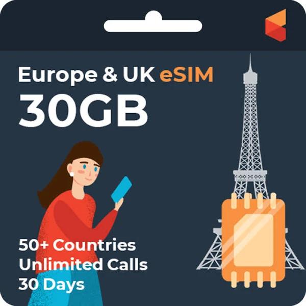 Europe & UK Travel Sim Card | Internet Data | Unlimited Calls (30GB Internet Data)