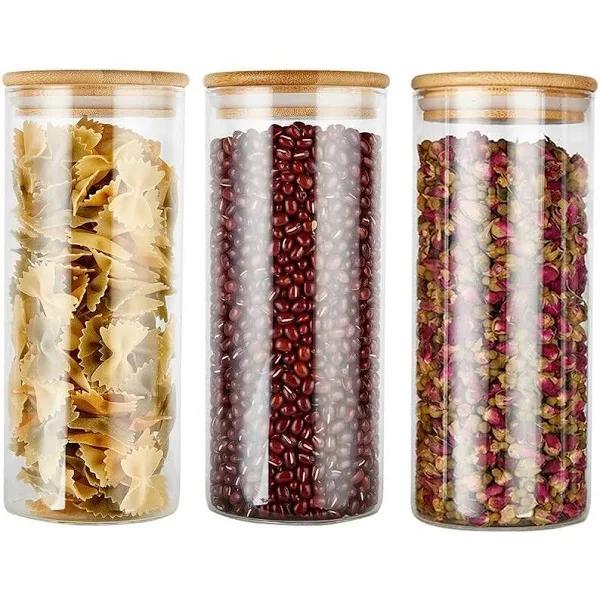 Glass Jars w/ Bamboo Lids [6 Pack] 1700ml Home Food Storage Canisters Containers Spice Jar Wedding Favours Empty Clear Glass Bottles with Wood Lid