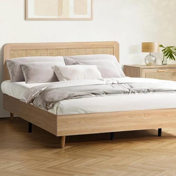 Oikiture Wooden Bed Frame King Size Rattan Headboard