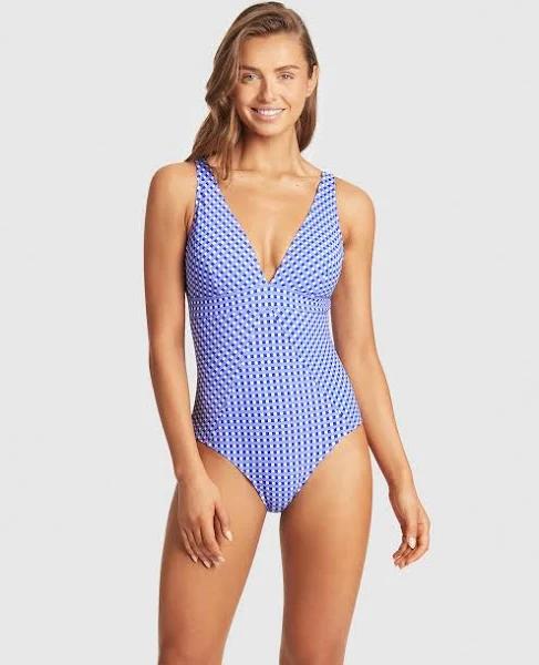 Sea Level Australia - Women's Blue One-piece Swimsuit - Checkmate Panel Line One Piece - Size 16 at The Iconic