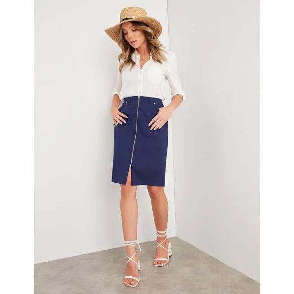 Rockmans Knee Length Linen Blend Zipped Front Skirt - Womens - Navy AU Size 08 - AfterPay & zipPay Available