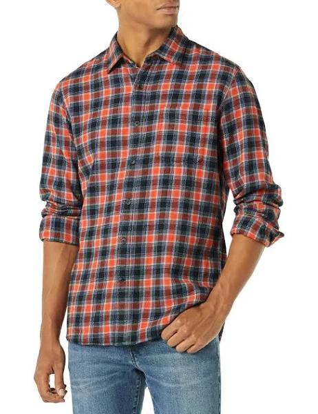 Amazon Essentials Men's Regular-fit Long-Sleeve Two-Pocket Flannel Shirt, Black Orange Plaid, X-Large