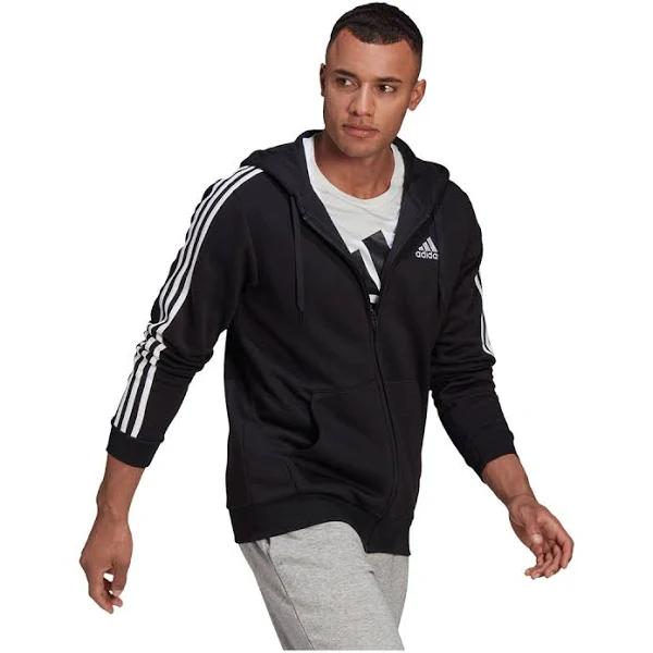 Adidas Mens Essentials 3-Stripes Full Zip Fleece Hoodie Black XS