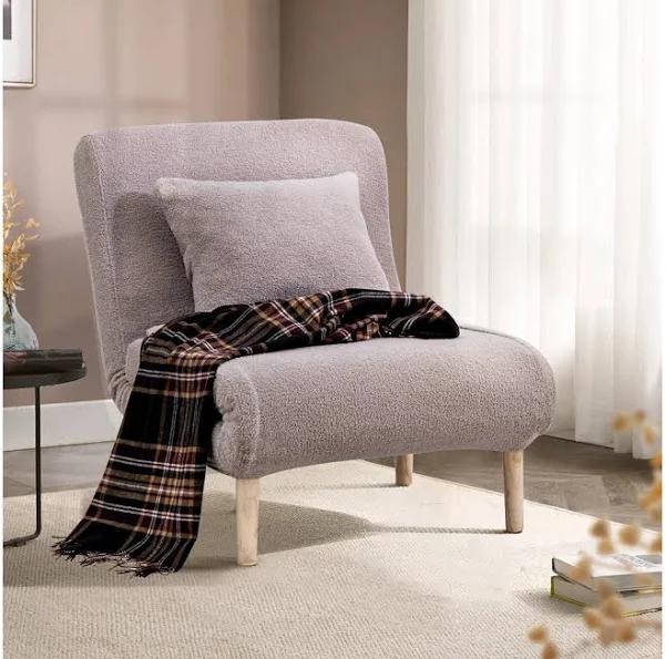 Furb Sofa Bed Lounge Chair Sherpa Fabric Folding Adjustable Recliner Wood Leg Single Grey - AfterPay & zipPay Available