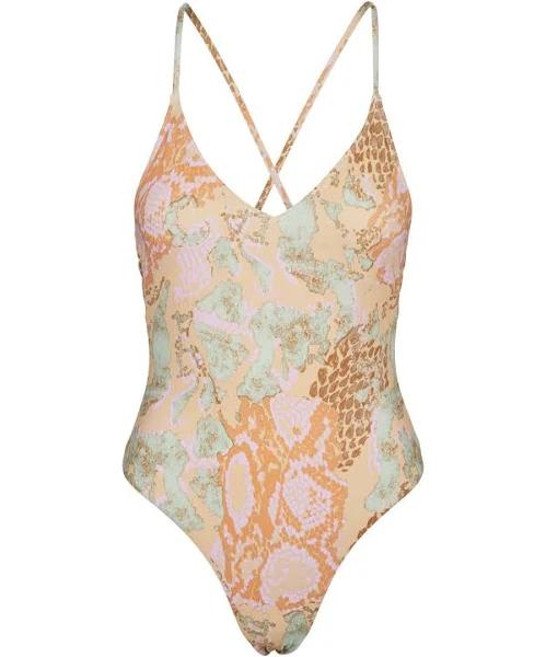 Vero Moda Cross Back Swimsuit With High Leg in Pastel Snake print-Neutral