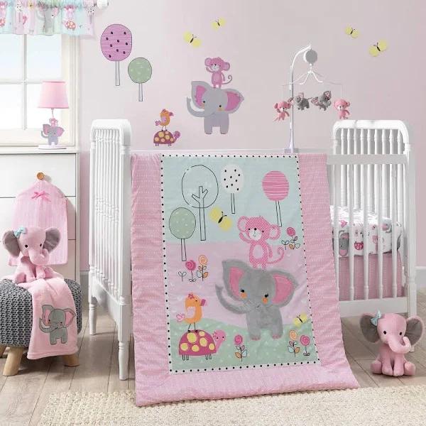 Bedtime Originals Twinkle Toes Jungle Elephant 3 Piece Bedding Set, Pink/White