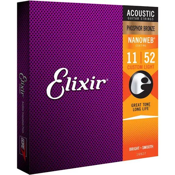 Elixir Nanoweb Phosphor Bronze Acoustic Guitar Strings, Custom Light 11-52