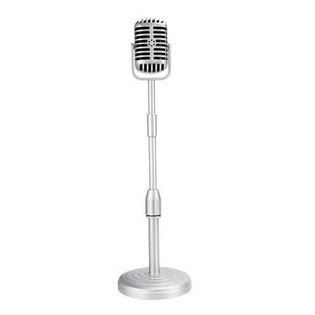 Vintage Desktop Microphone Prop Model with Adjustable Height, Classic Retro Style Microphone Stand Silver